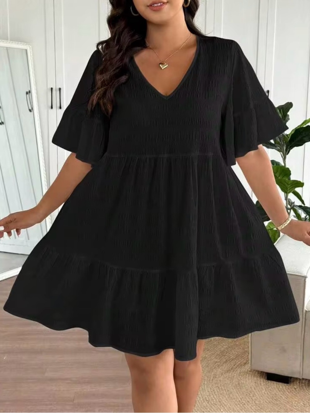 Women's V-Neck Black Tiered Swing Dress 4X